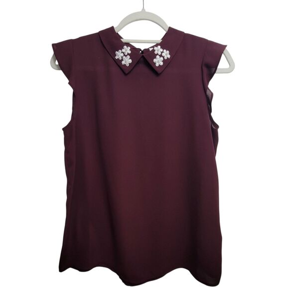ELLE Burgundy Floral Collar Semi Sheer Tank Blouse Size XS - Picture 1 of 8